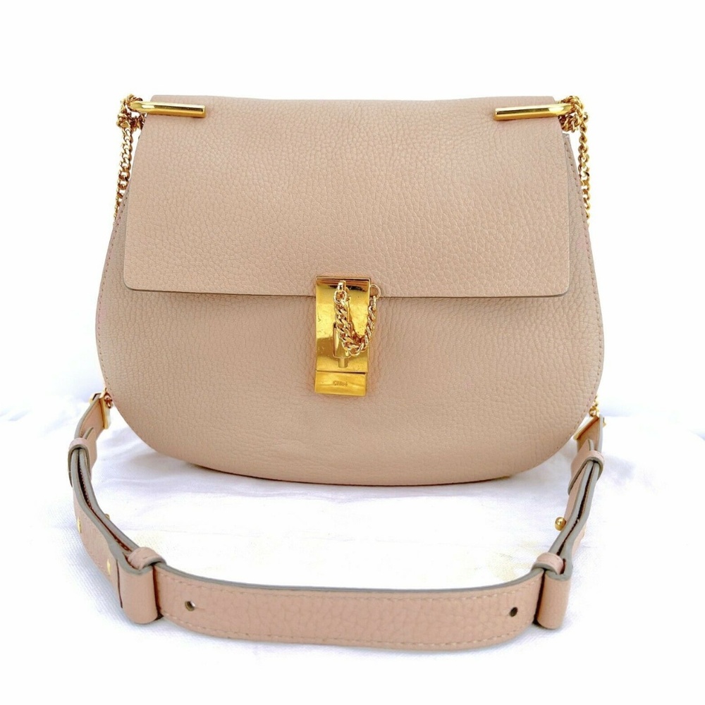 Chloe Beige Leather Drew Small Shoulder Bag with Gold Hardware